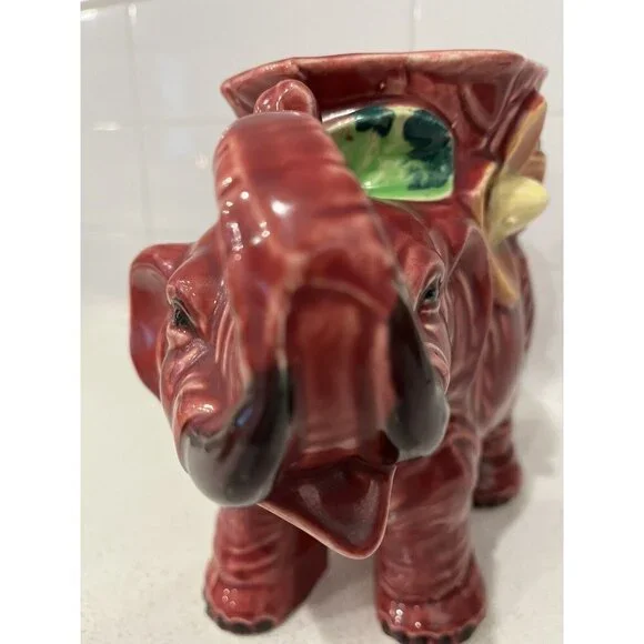 Vintage Ceramic Large Elephant Planter Colorful Made in Japan Pottery Burgundy - Picture 11 of 16